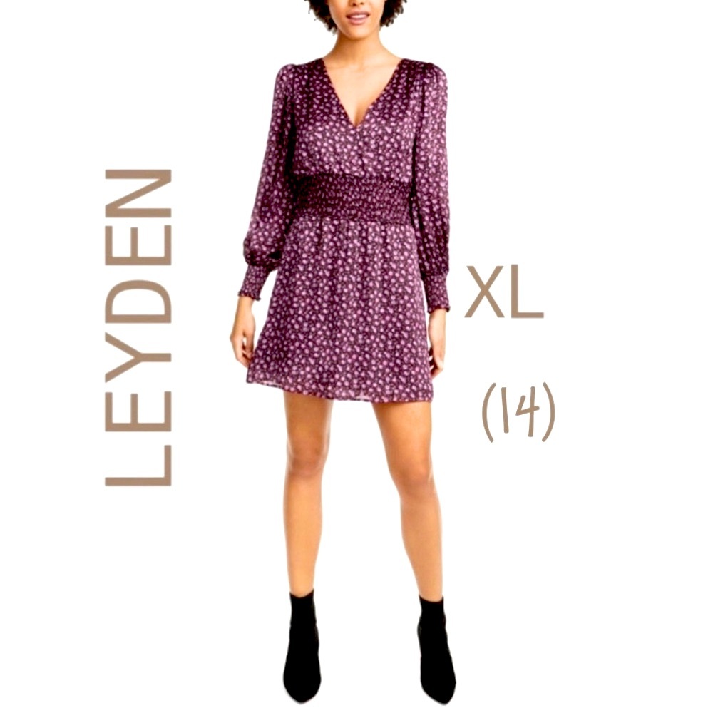 NWT (XL) purple floral smock waist long sleeve party dress open tie back roses